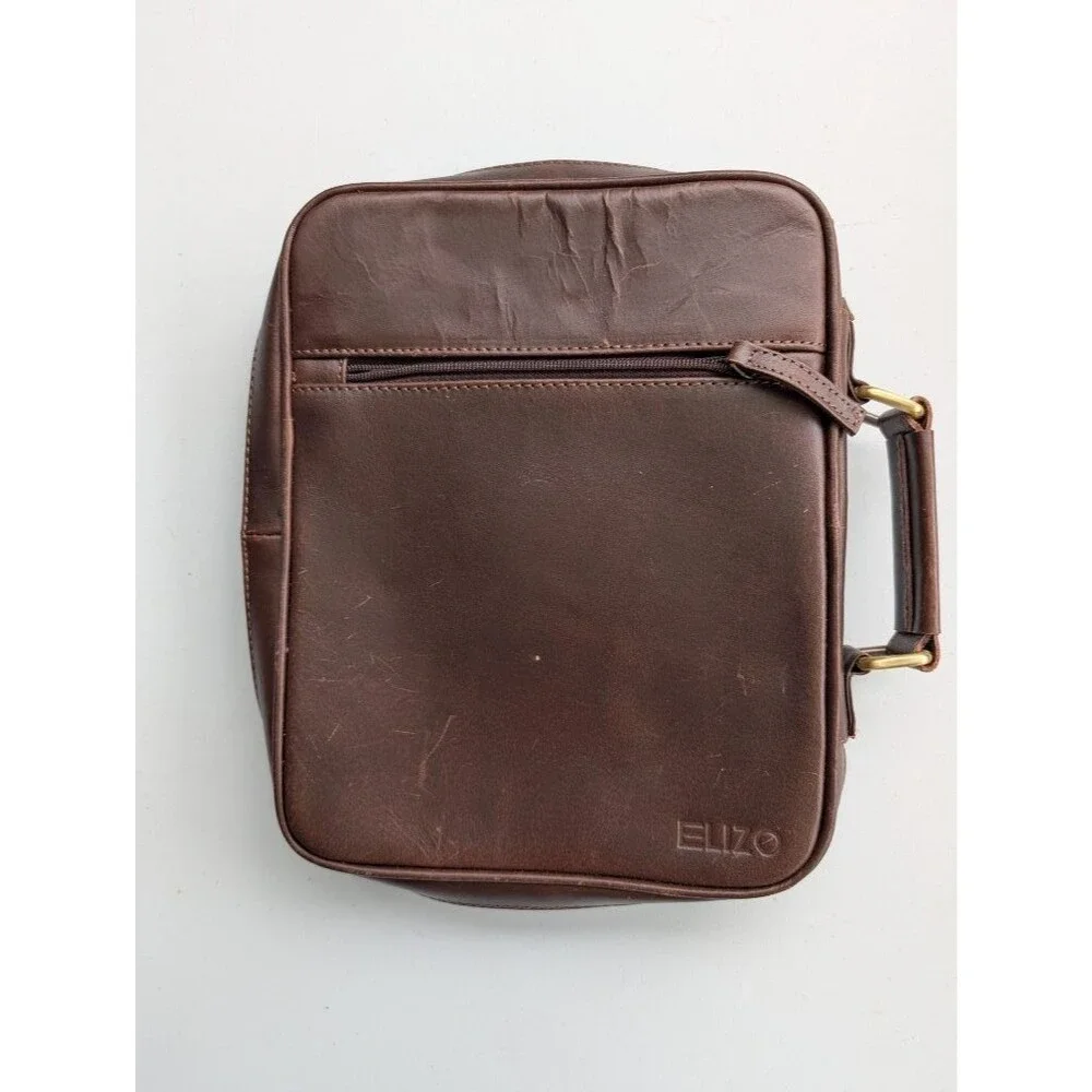 ELIZO Brown Leather Zip-Around Organizer Briefcase Bag 10x8 Genuine exterior Top